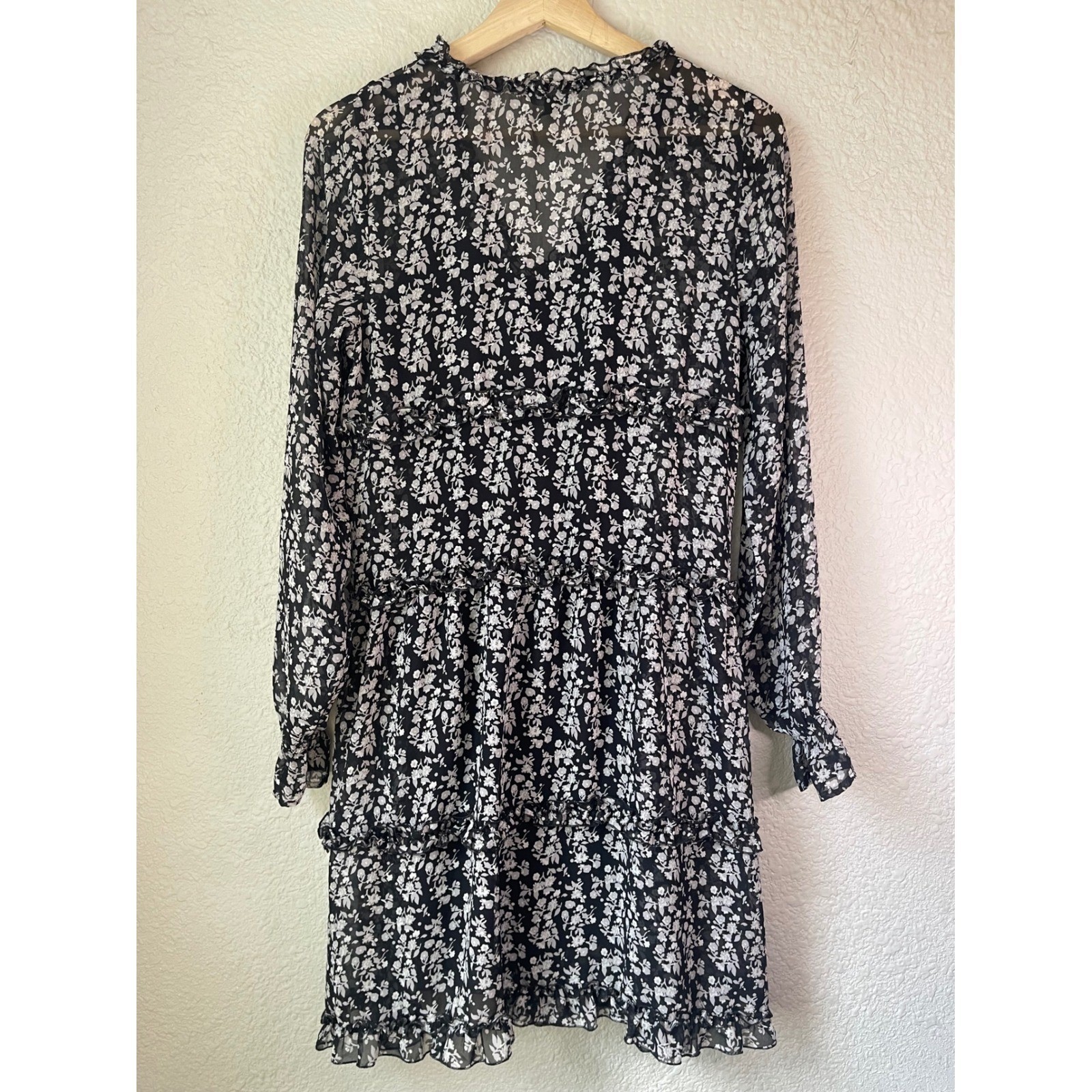 Express Cottagecore Floral Print Mini Dress Long Sleeve Ruffle Trim Black Small