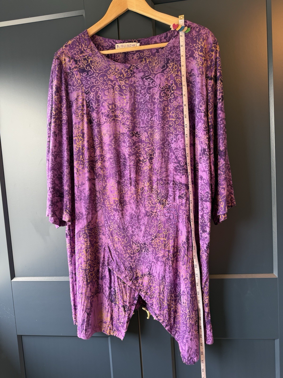 IBU INDAH Bali Batik Tunic Top Dress L XL Purple Rayon Hand Made Boho Asymmetric