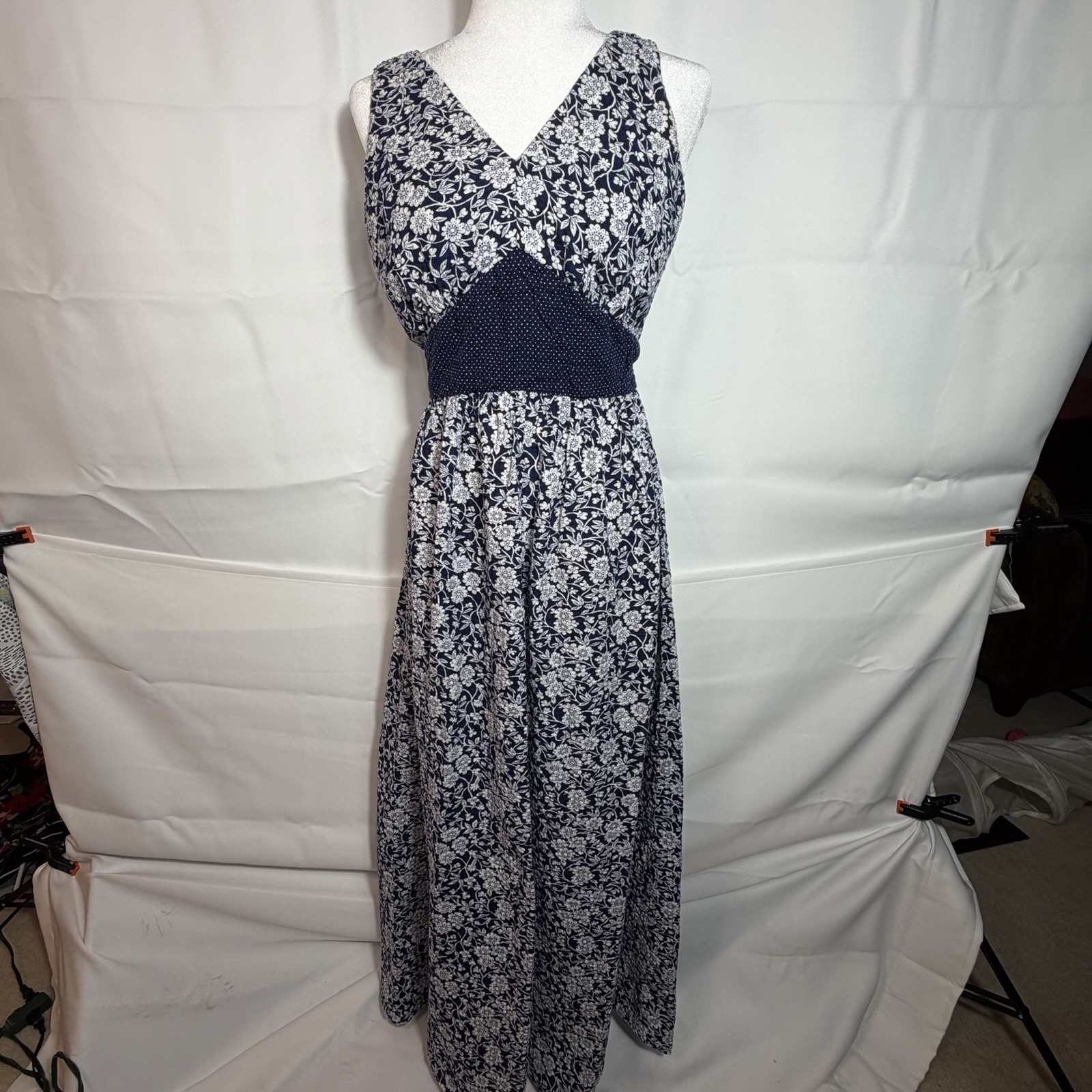 Vintage 70s Non-Stop Mixed Print Floral Polka Dot Empire Waist Maxi Dress Small