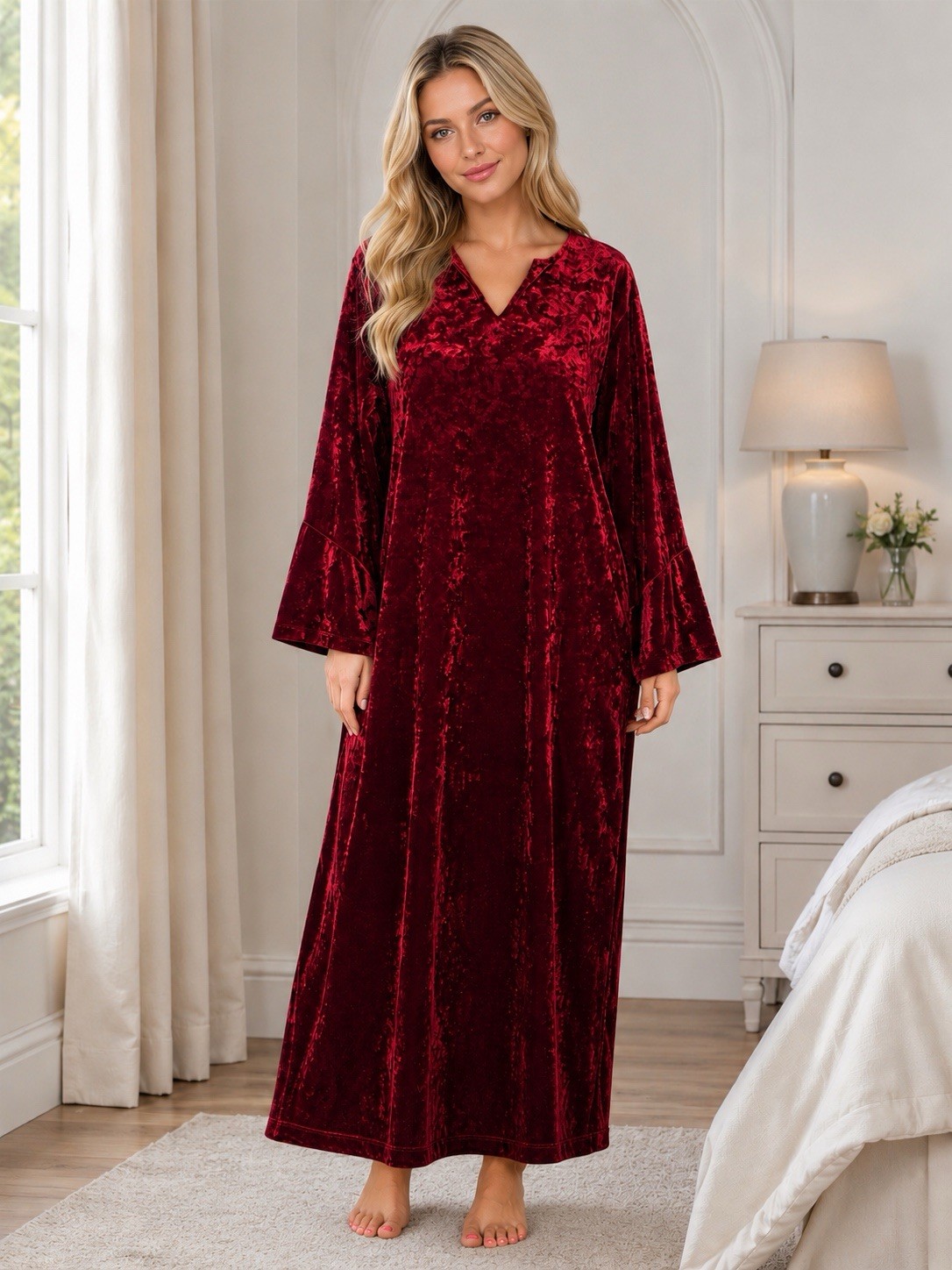 Cabernet Womens Red Crushed Velvet Velour Bell Sleeve House Dress Size Medium