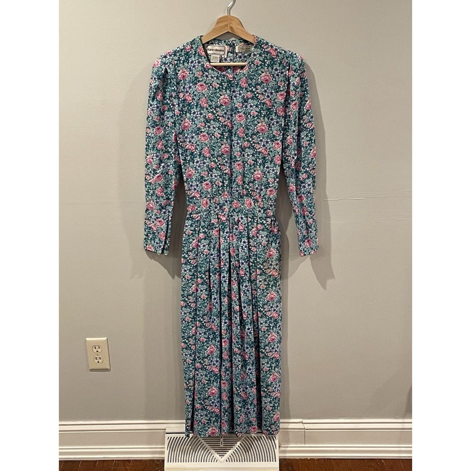 Vintage 80’s Karin Stevens Dress Size 8 Green Floral Cottagecore Retro Prairie