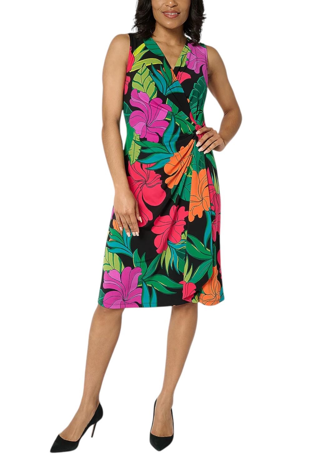 Susan Graver Women’s Liquid Knit Faux Wrap Cascade Dress MltiTrop