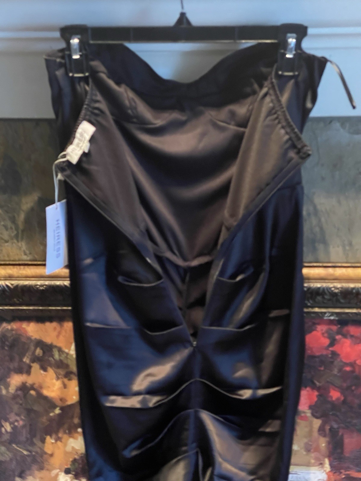 HEIRESS Beverly Hills Black Satin Rouched Midi Dress Corset Size US Medium NWT