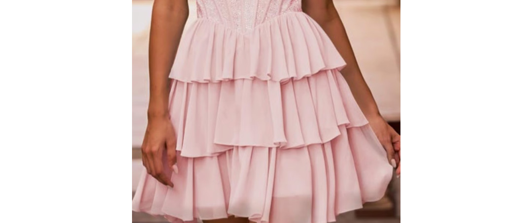 Stacee’s Elegant Dress. Strapless bodice adorned with dazzling rhinestone