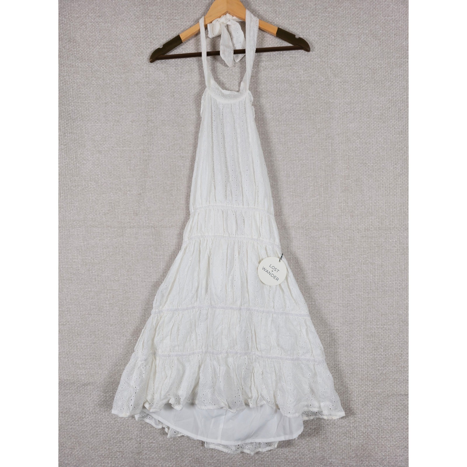 Lost + Wander White Eyelet Halter Mini Dress Smocked Tiered Women’s Size L