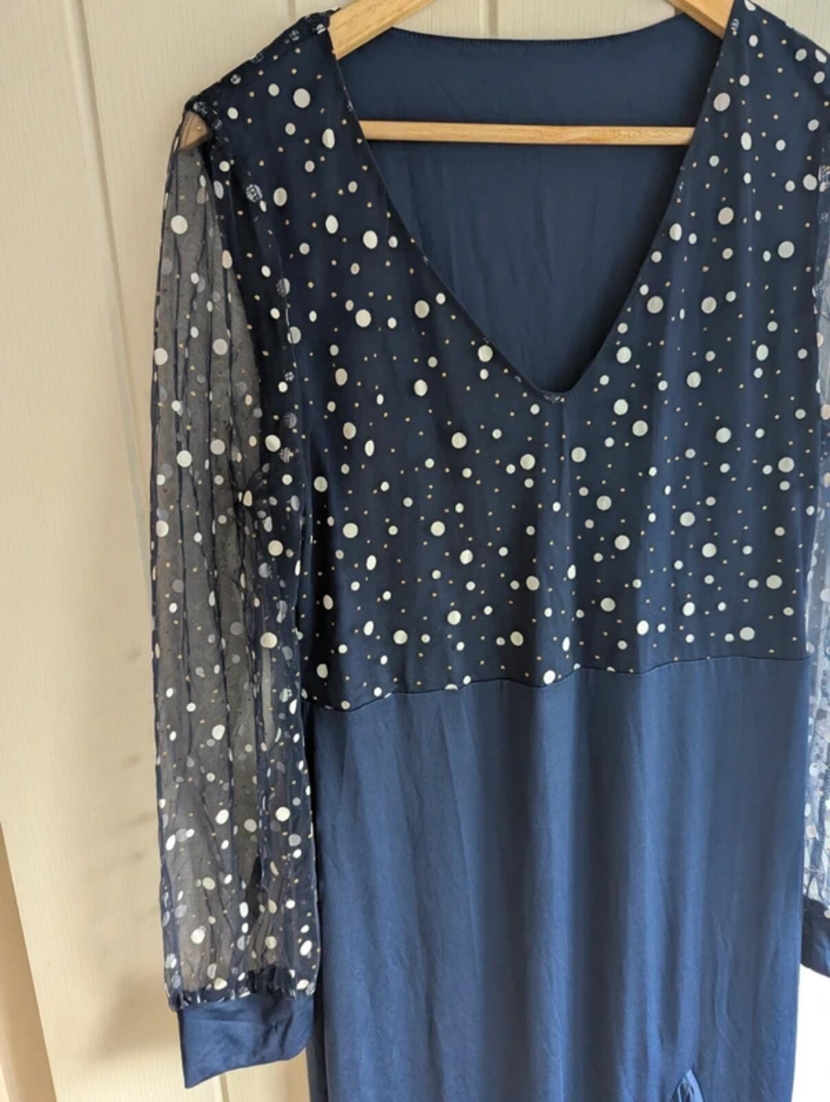 Navy Polka Dot Maxi Dress Size XL | Sheer Long Sleeve Ruffle Evening Occasion