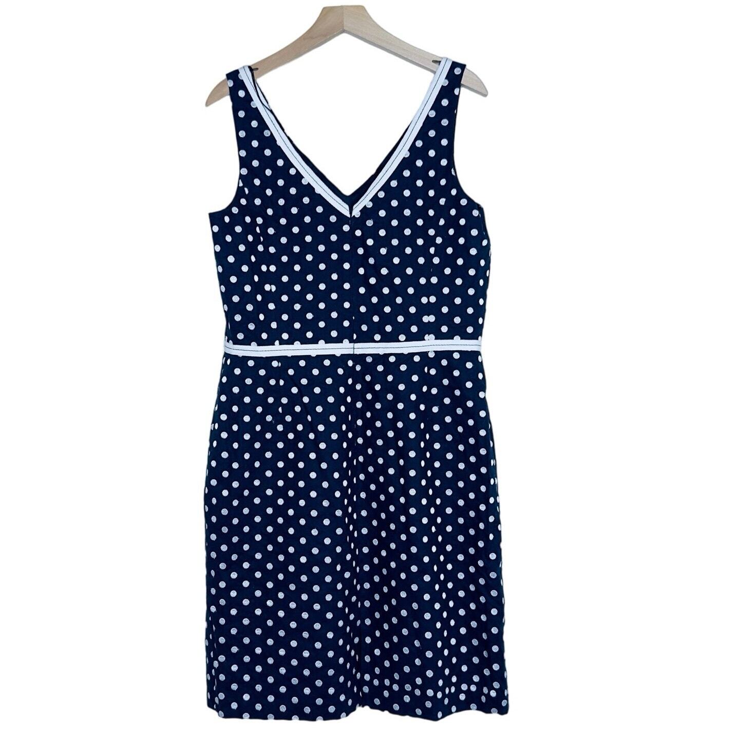 Muse Polka Dot Sheath Dress 14 Navy Blue V-Neck Sleeveless Pockets Retro Slit