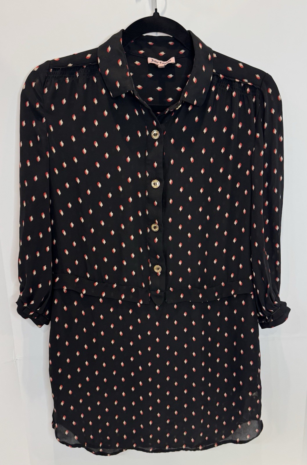 Juicy Couture Women’s XS Black Silk Shirt Dress Tunic Leaf Print Button Front