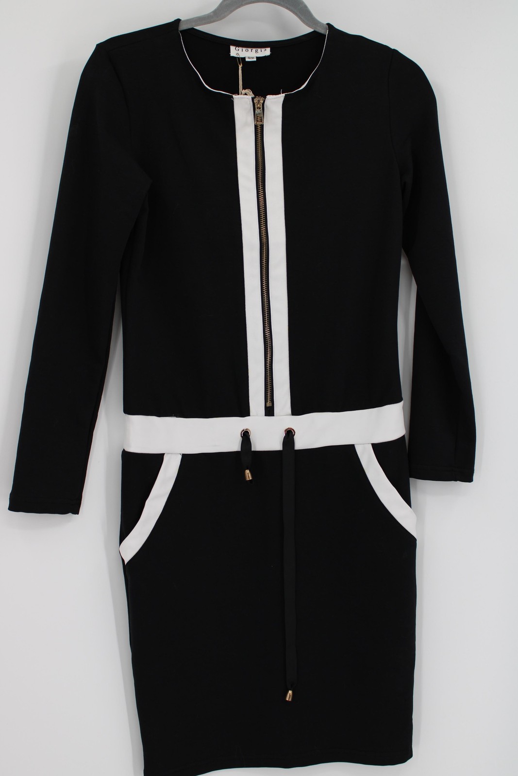 Giorgia Dress Womens Small Medium Black White Zip Front Long Sleeve Pockets S/M