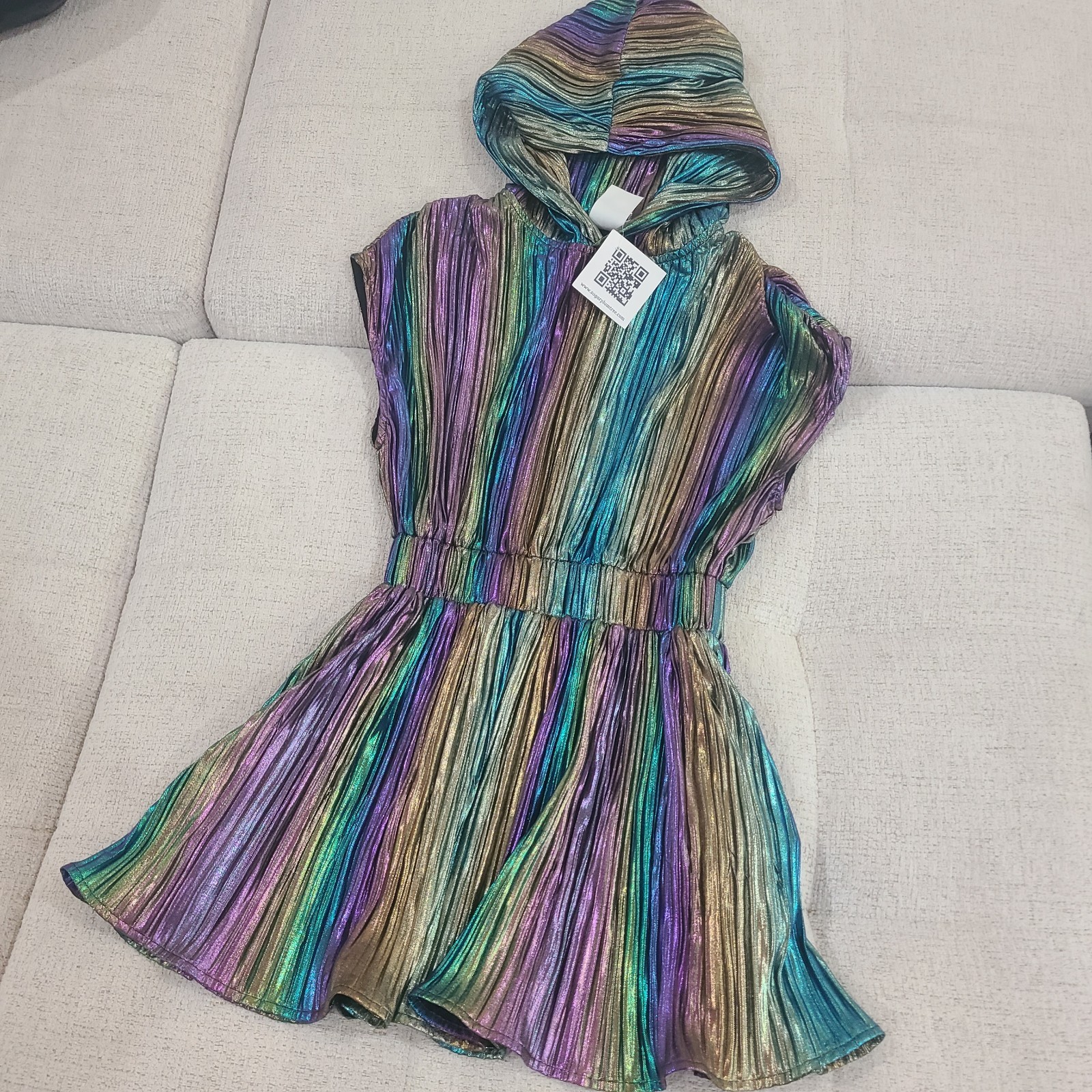 NEW Queen of Sparkles Girls Iridescent Metallic Rainbow Hooded Dress Size L