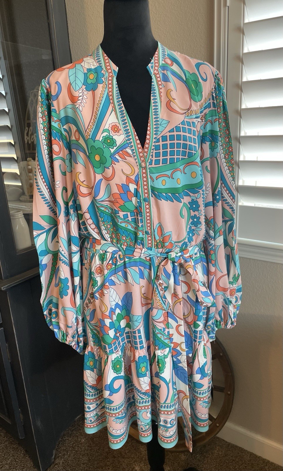 ADRIANNA PAPELL Long Sleeve Retro Print Dress Short Tie Waist Flowy Flouncy 14