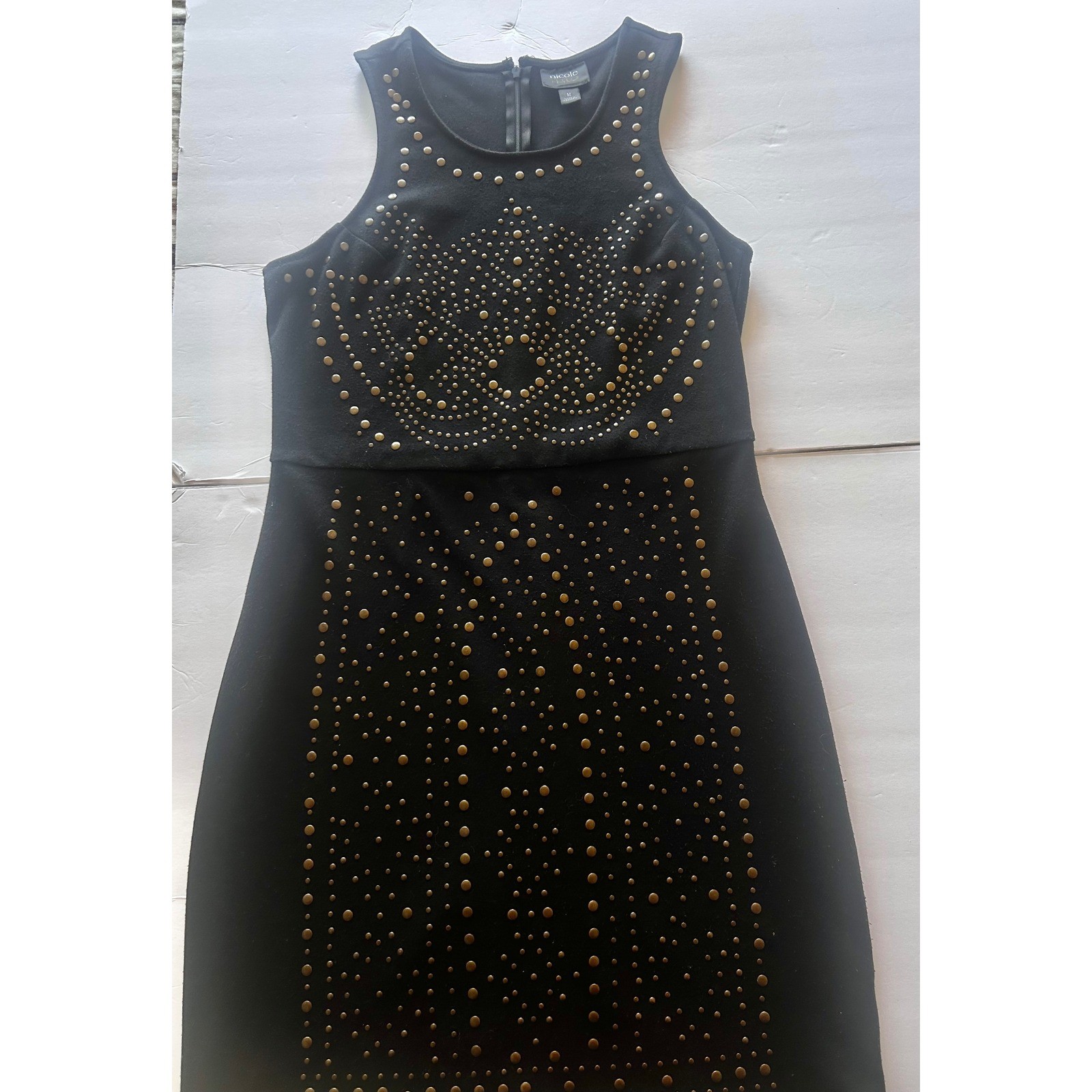Nicole by Nicole Miller Black Studded Sleeveless Sheath Dress Medium Gold Studs