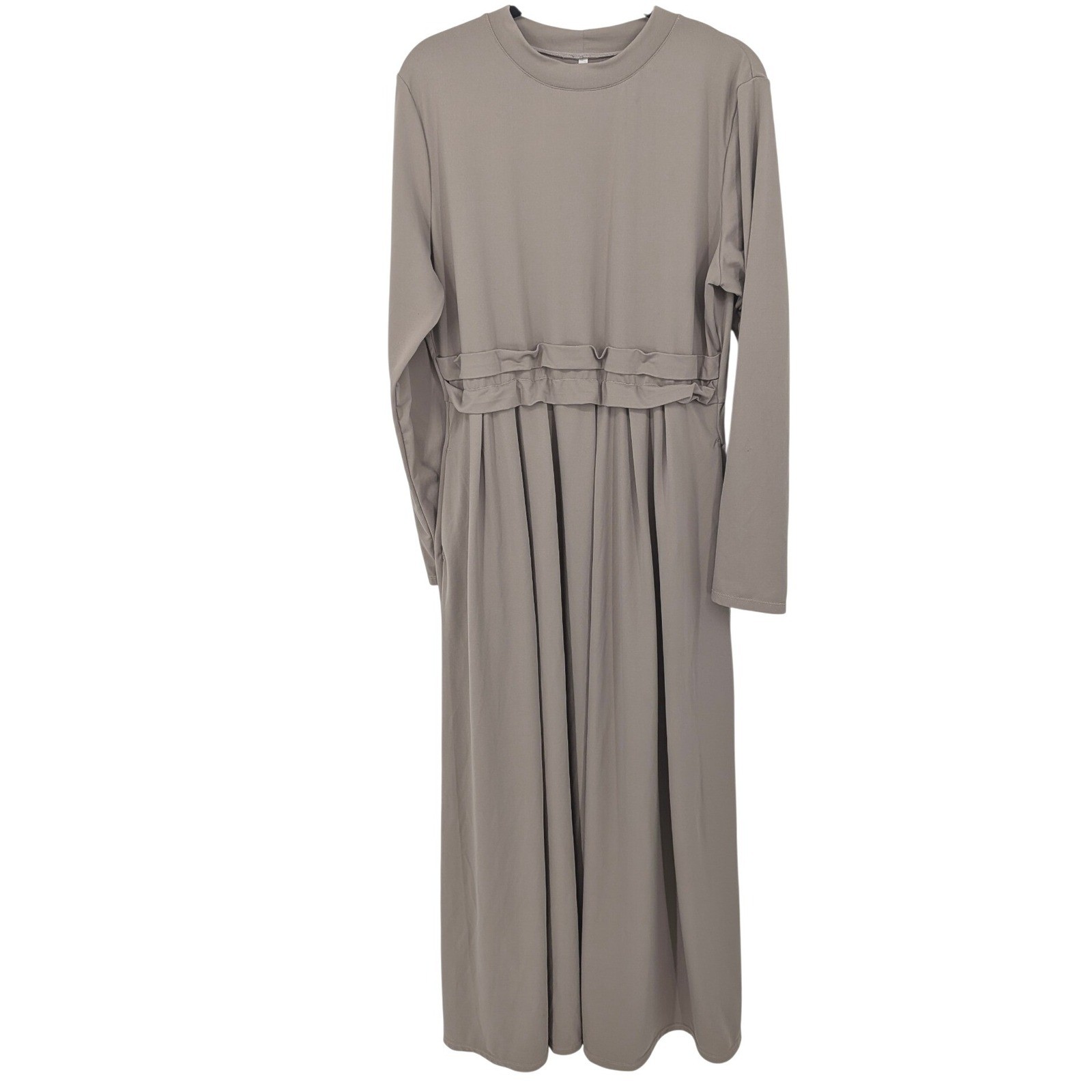 Halara Maxi Dress Women XL Taupe Long Sleeve Ruffle Crew Neck Athleisure Casual