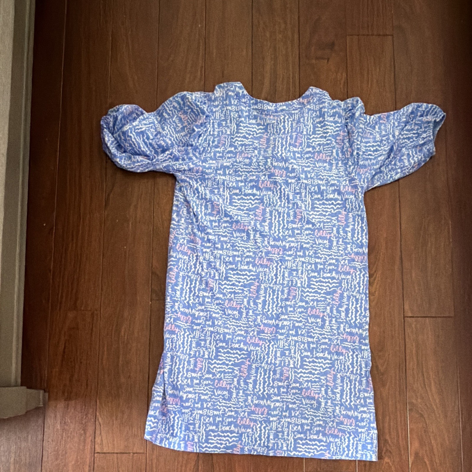 Lilly Pulitzer Knit Cotton Shift Dress L V-Neck Pockets Blue/White/Pink Ruffle