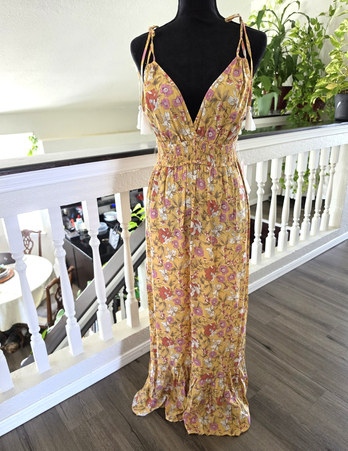 Inspired Hearts Yellow Floral V-Neck Tassel Tie Strappy Maxi Dress Womens L