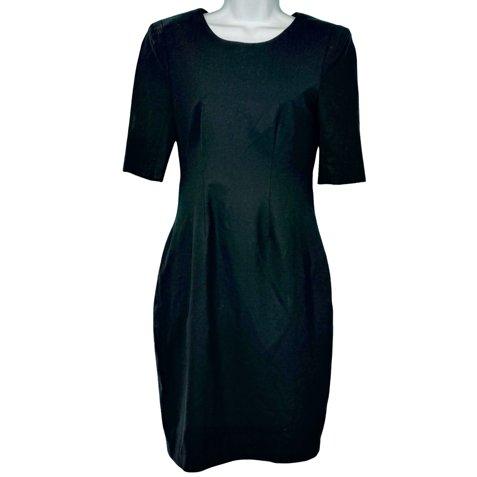 Theory Black Half Sleeve Round Neck Pleated Center Back Zip Sheath Dress size 10