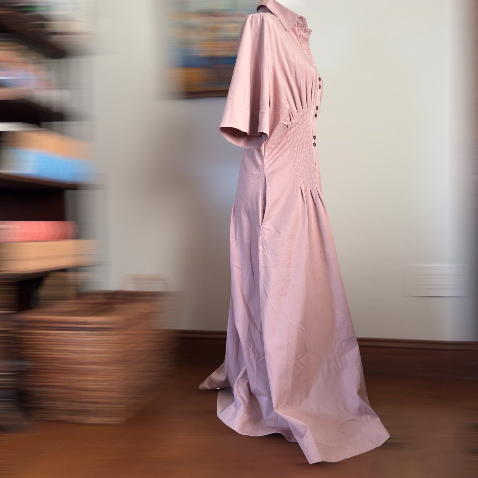 Banana Republic Pink Pintuck Maxi Shirt Dress Fit Flare Cotton Small Minimalist