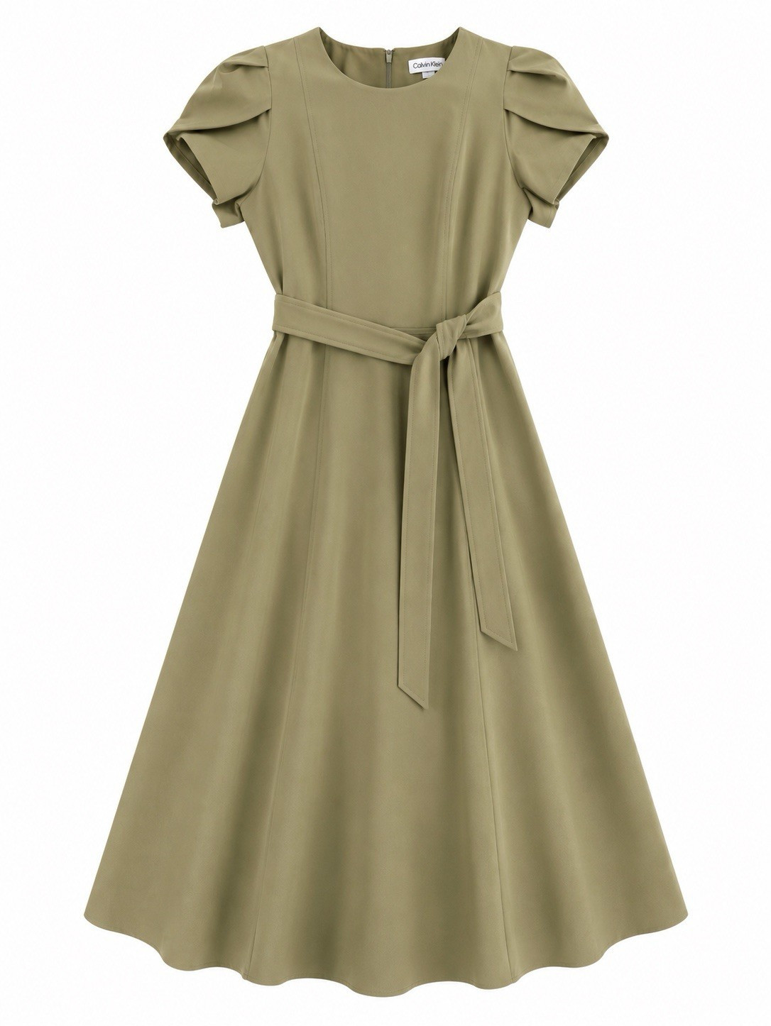 Calvin Klein Women’s Size 4 Olive Green Belted Puff Sleeve Midi Dress NWT