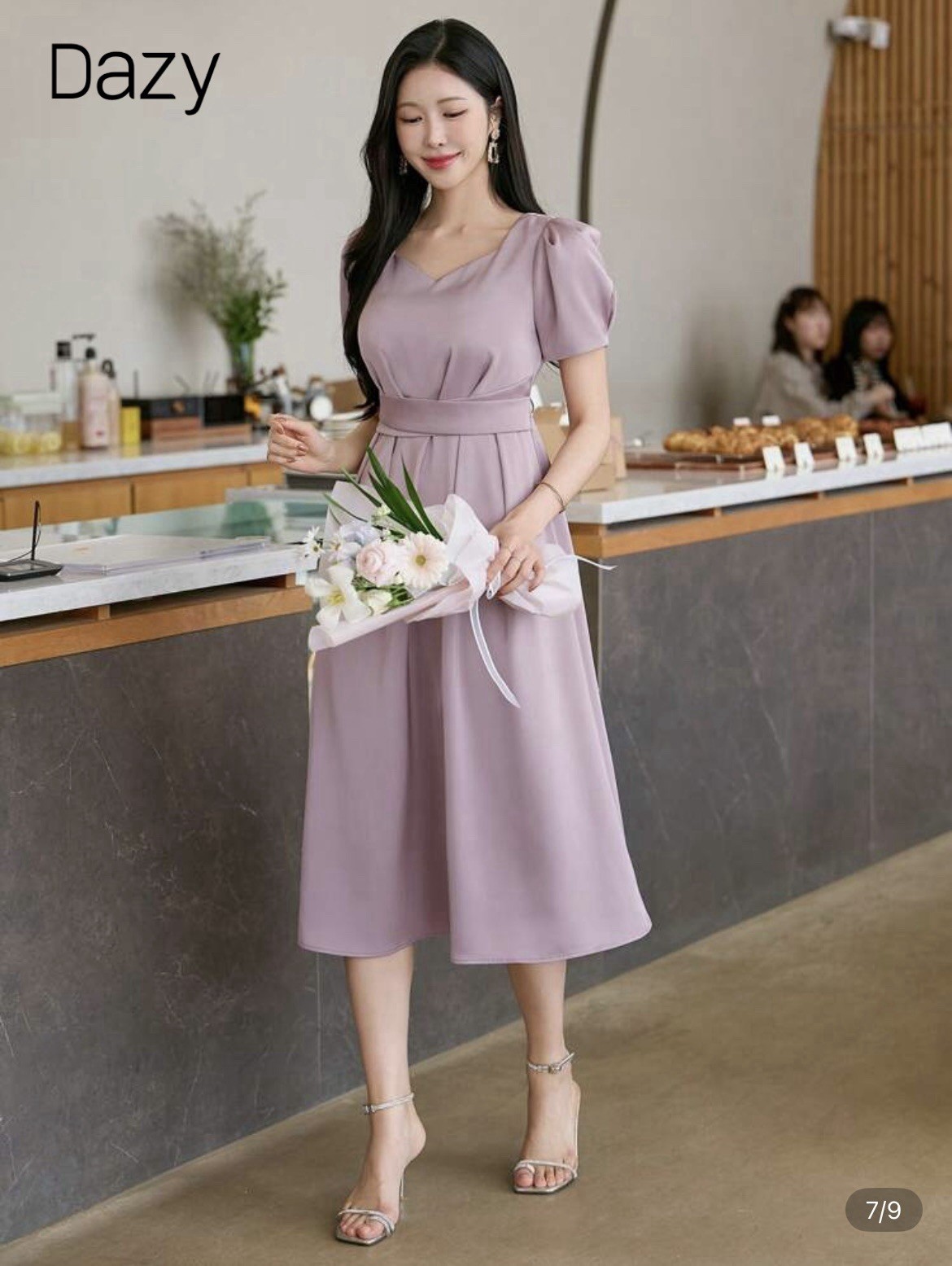 Dazy Women’s Solid Color Square Neck Puff Sleeve Pleated Midi Dress Size Small