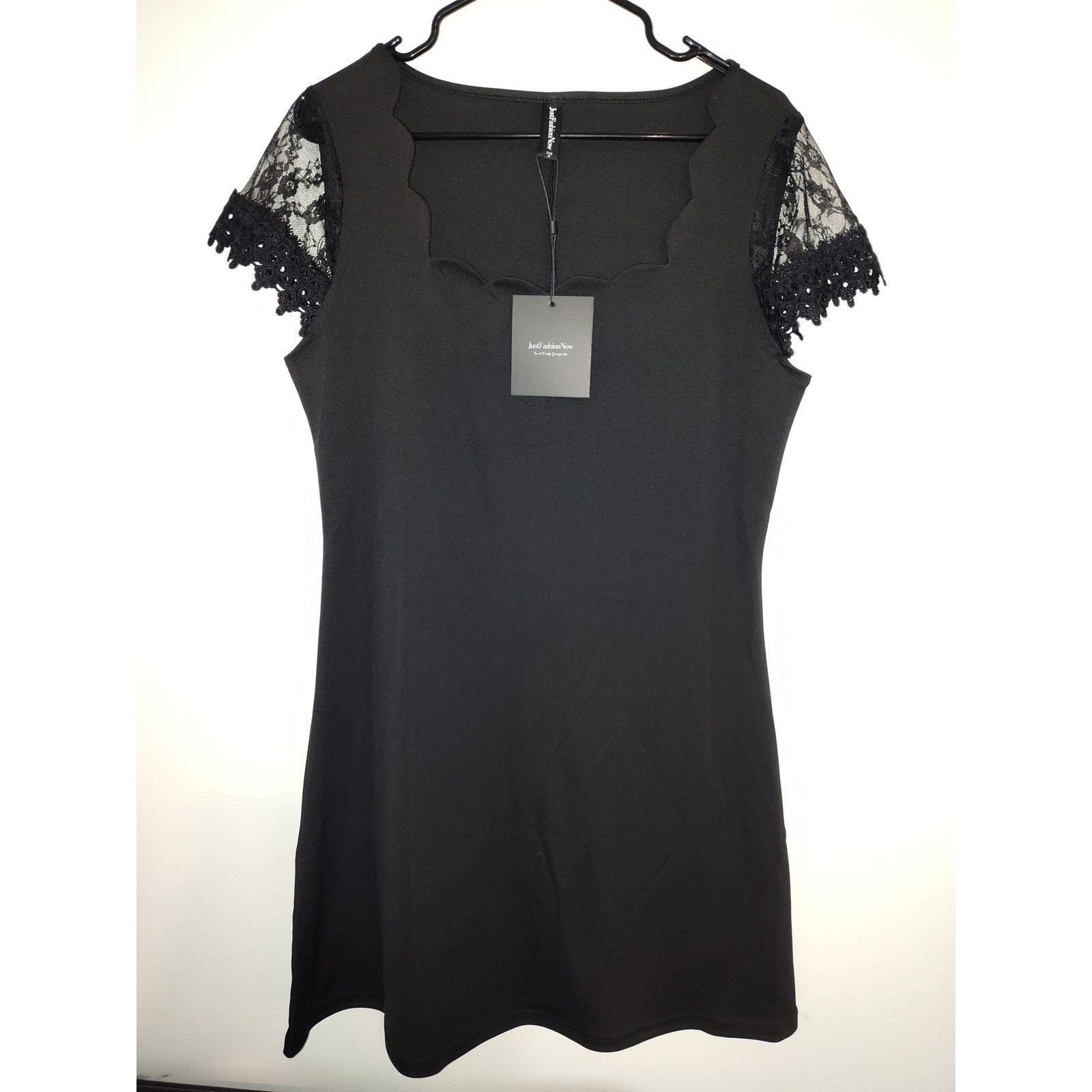 JustFashionNow Black Scalloped Neck Lace Sleeve Mini Dress Size M US 8