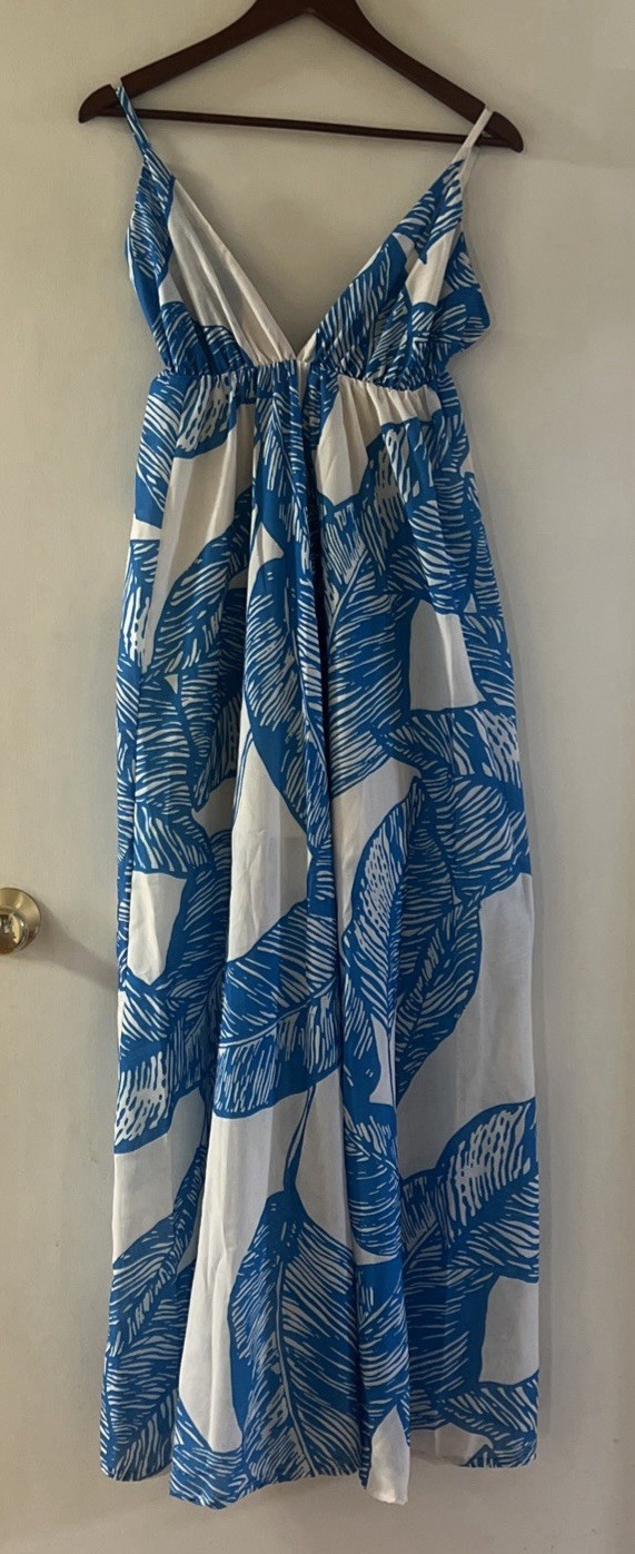 Lumina Fashion Made in Italy Maxi Dress Blue & White Leave Print Size L NWT