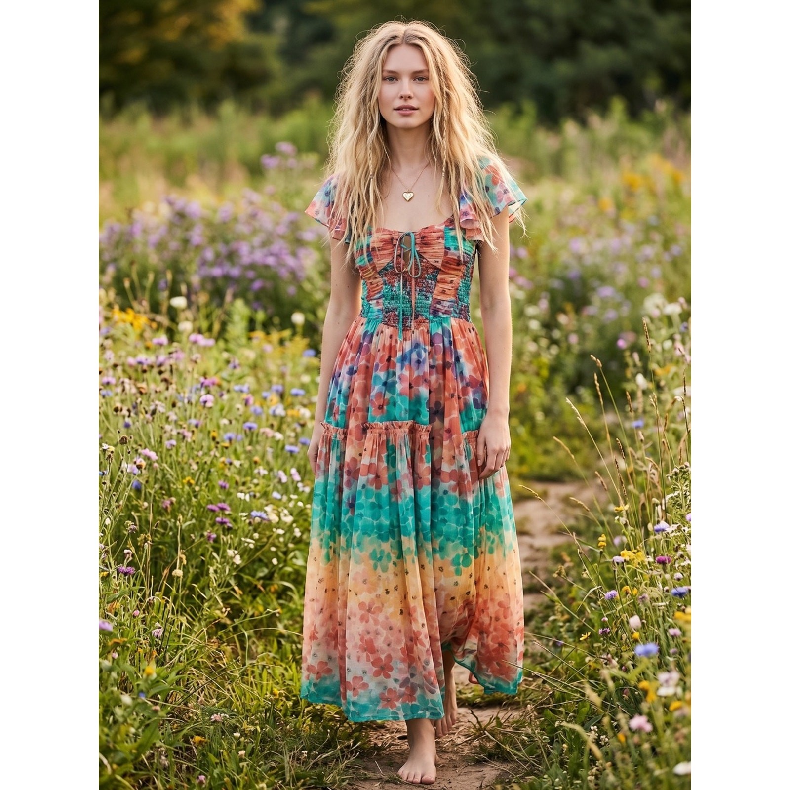 Free People Sunshine Maxi Dress in Soft Tropical Combo Size Medium NWT