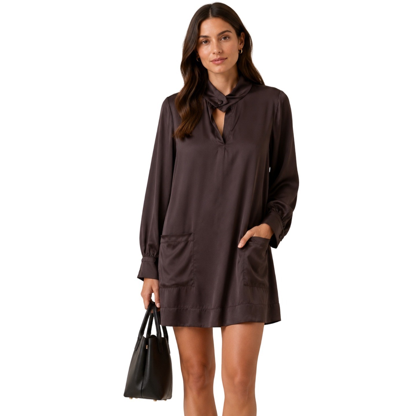 Scanlan Theodore Dress Womens Medium Brown Satin Mini Quiet Luxury Minimalist
