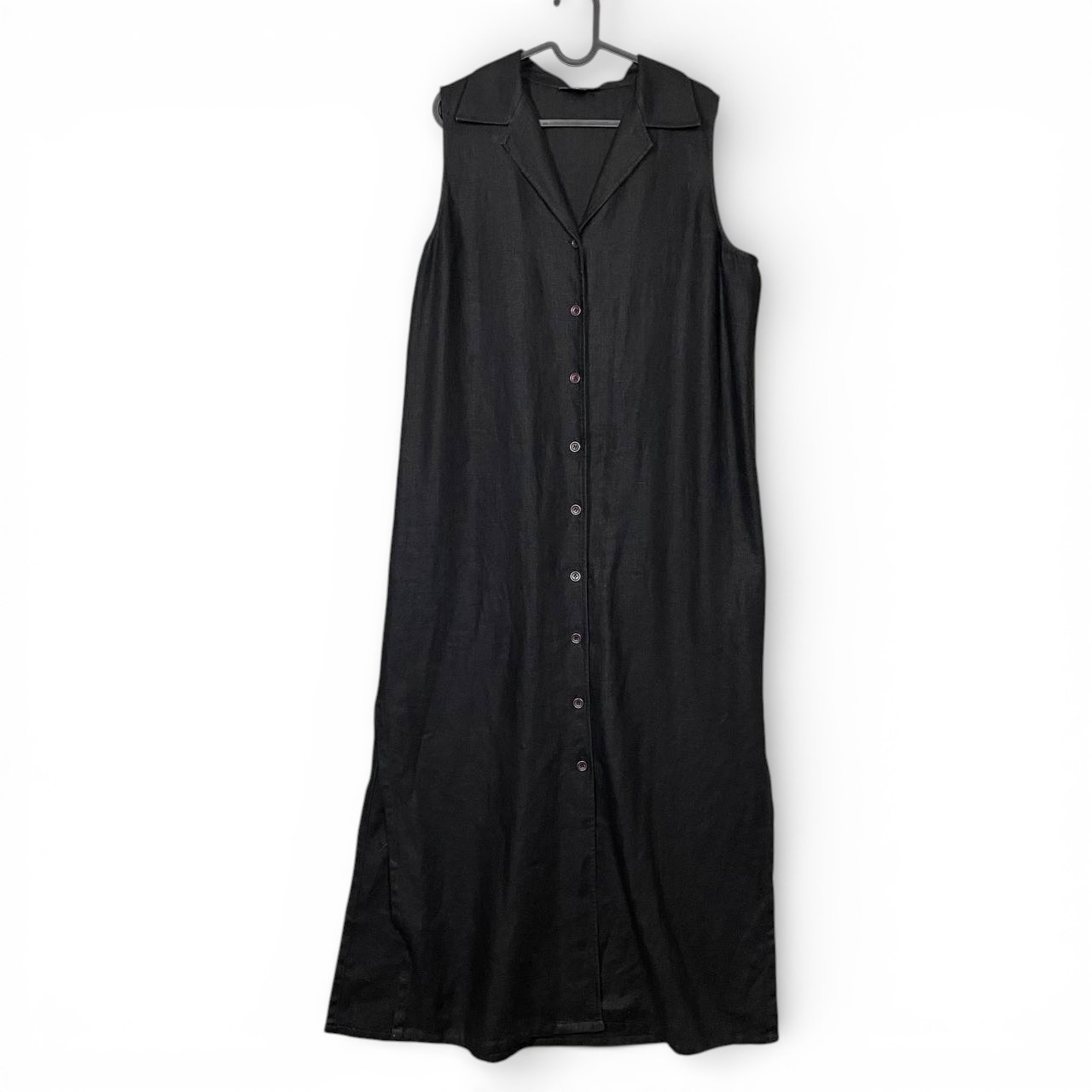 Lagenlook Black Linen Maxi Button Front Sleeveless Dress Plus Size 16 Minimalist