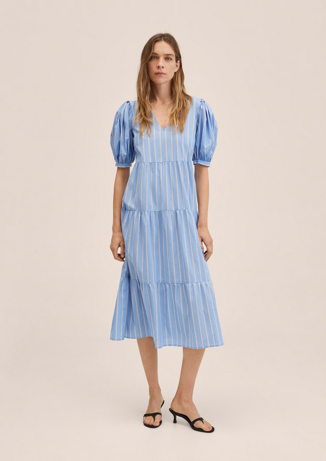 NWT MANGO MNG STRIPED COTTON V-NECK PUFF SLEEVE TIERED MIDI DRESS SZ M US 6