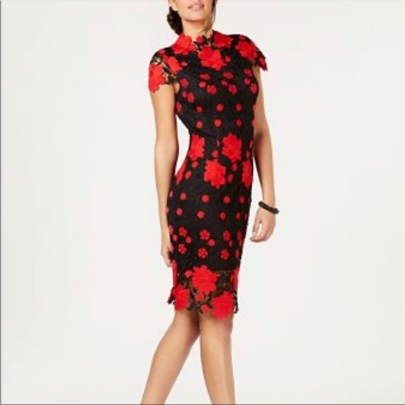 LAUNDRY by SHELLI SEGAL Lace Mock Neck Floral Sheath Cocktail Party Dress, 2