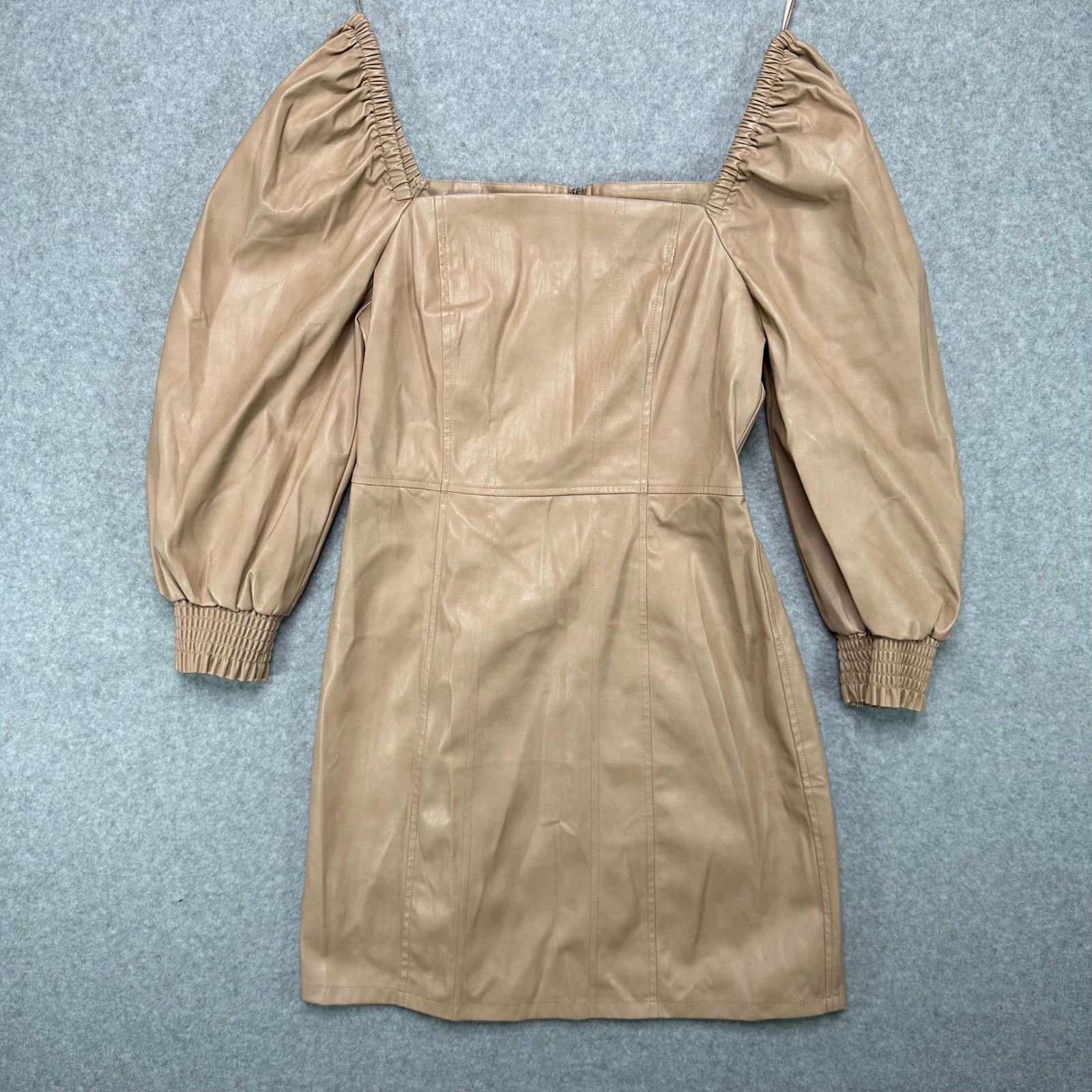 7 For All Mankind Faux Leather Square Neck Smocked Bodice Puff Sleeve Mini Dress