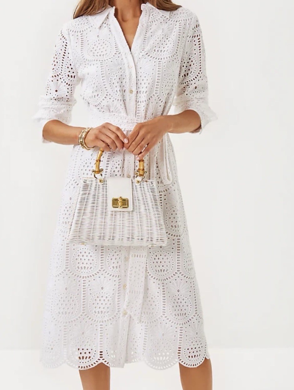 Lilly Pulitzer White Eyelet Eira Midi Shirt Dress Size 0 with Self Tie