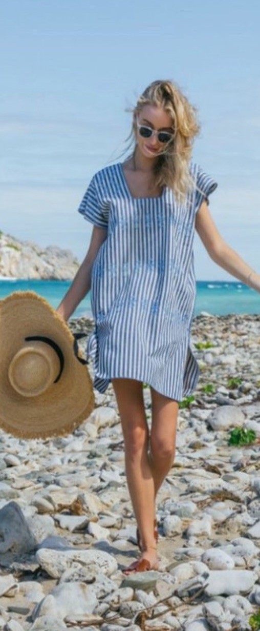 176 Tuckernuck Kaftan Blue Stripe Mini Dress Sullivan Embroidered Canvas L NWT