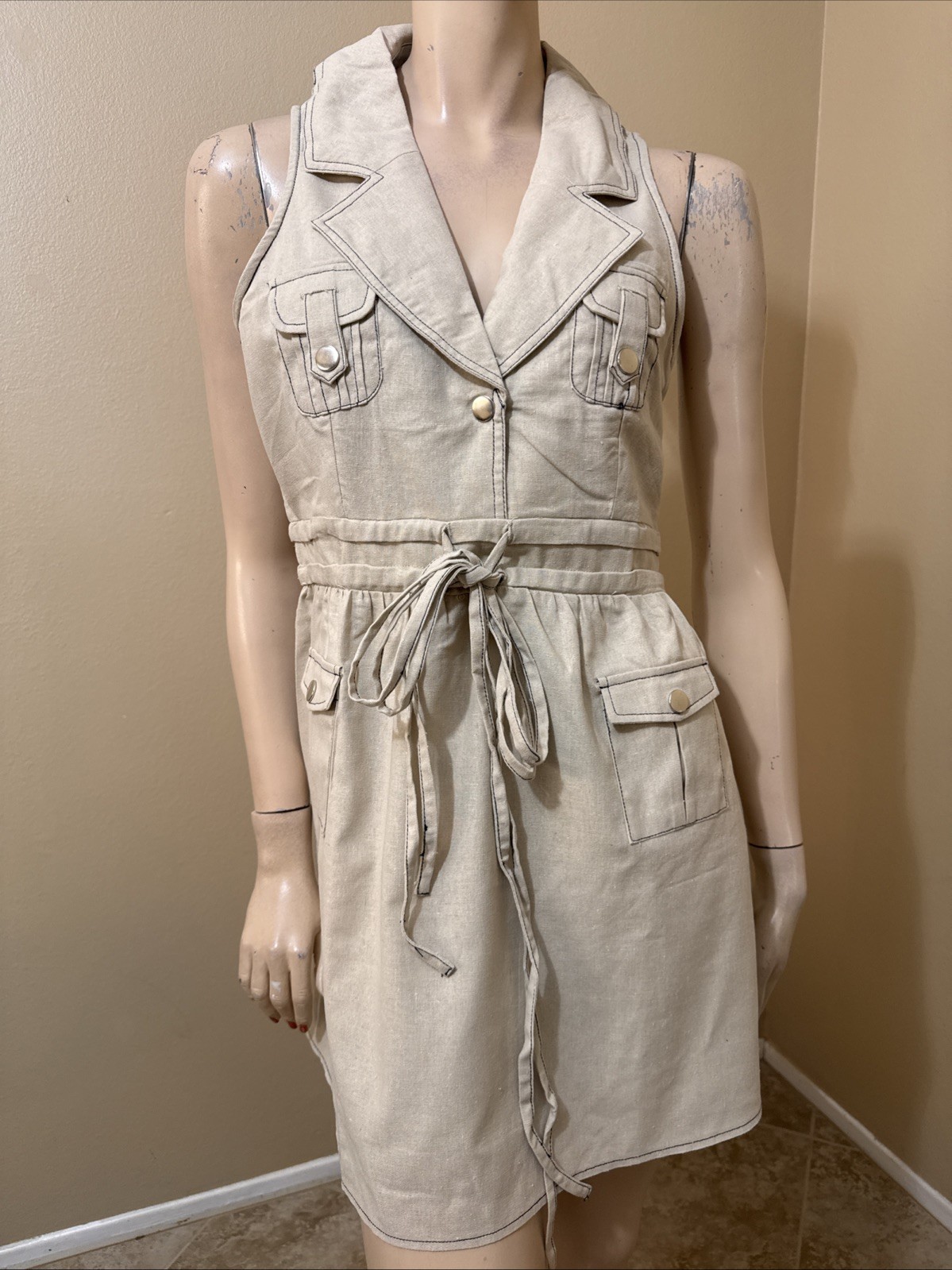Women’s Beige Cotton Casual Summer Slim Unlined Pockets Zip Size M Dress Tunic