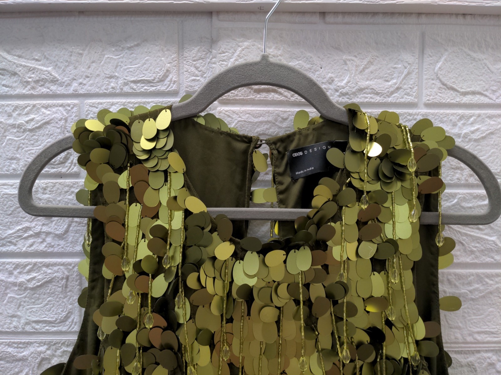 New ASOS Design Dropped Slouchy Waist Embellished Mini Dress In Green Sz 4