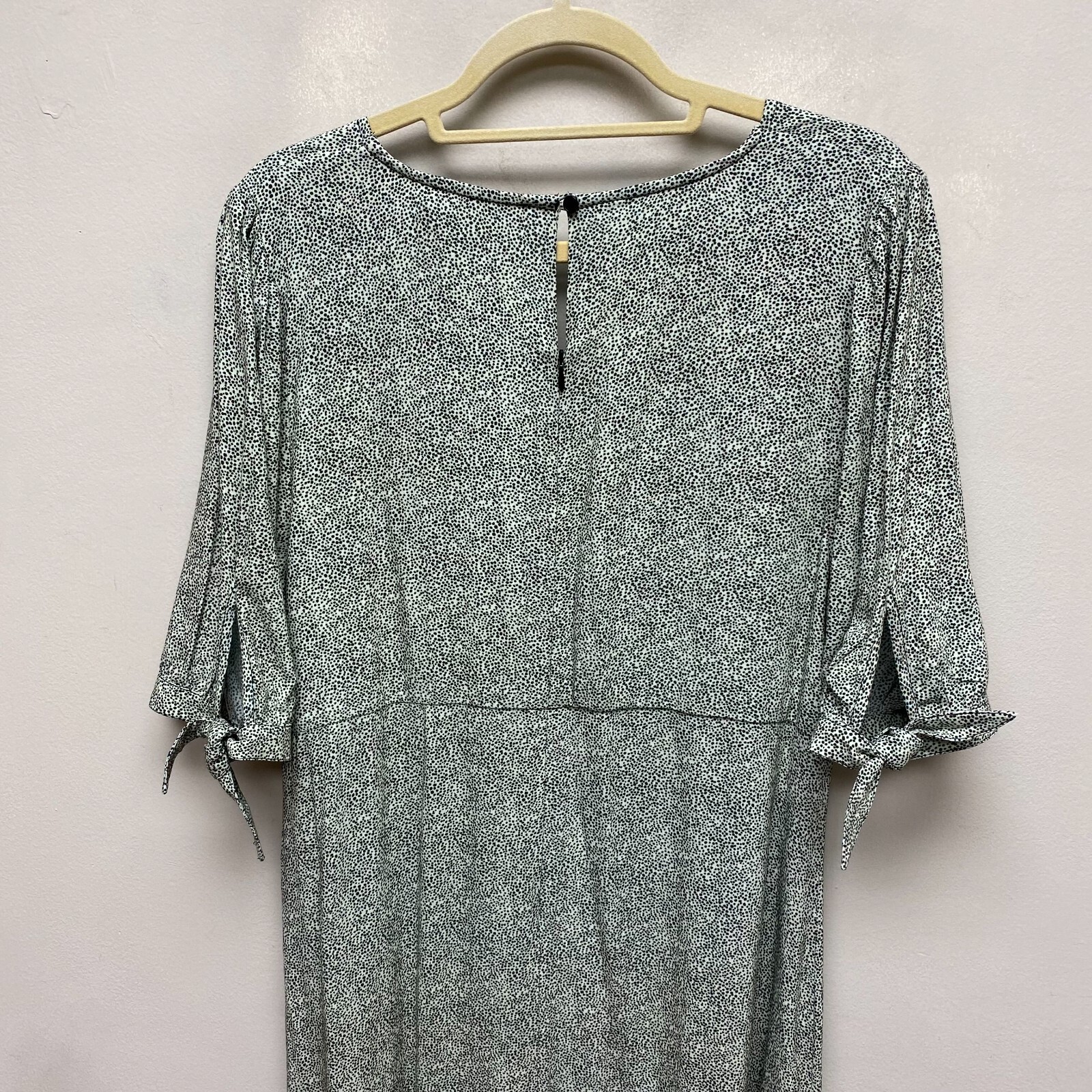 Able Creme Pin Dot Viscose Simone Tie-Sleeve V-Neck Midi Shift Dress L $155 New