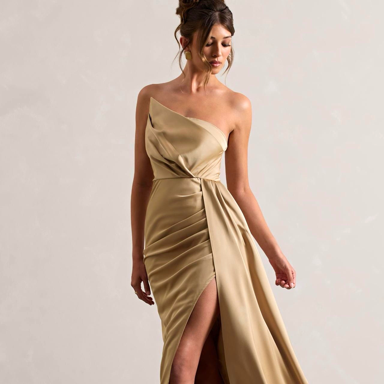 Club L London Beige Maxi Dress 6 One Shoulder Satin Side Slit Draped Zip