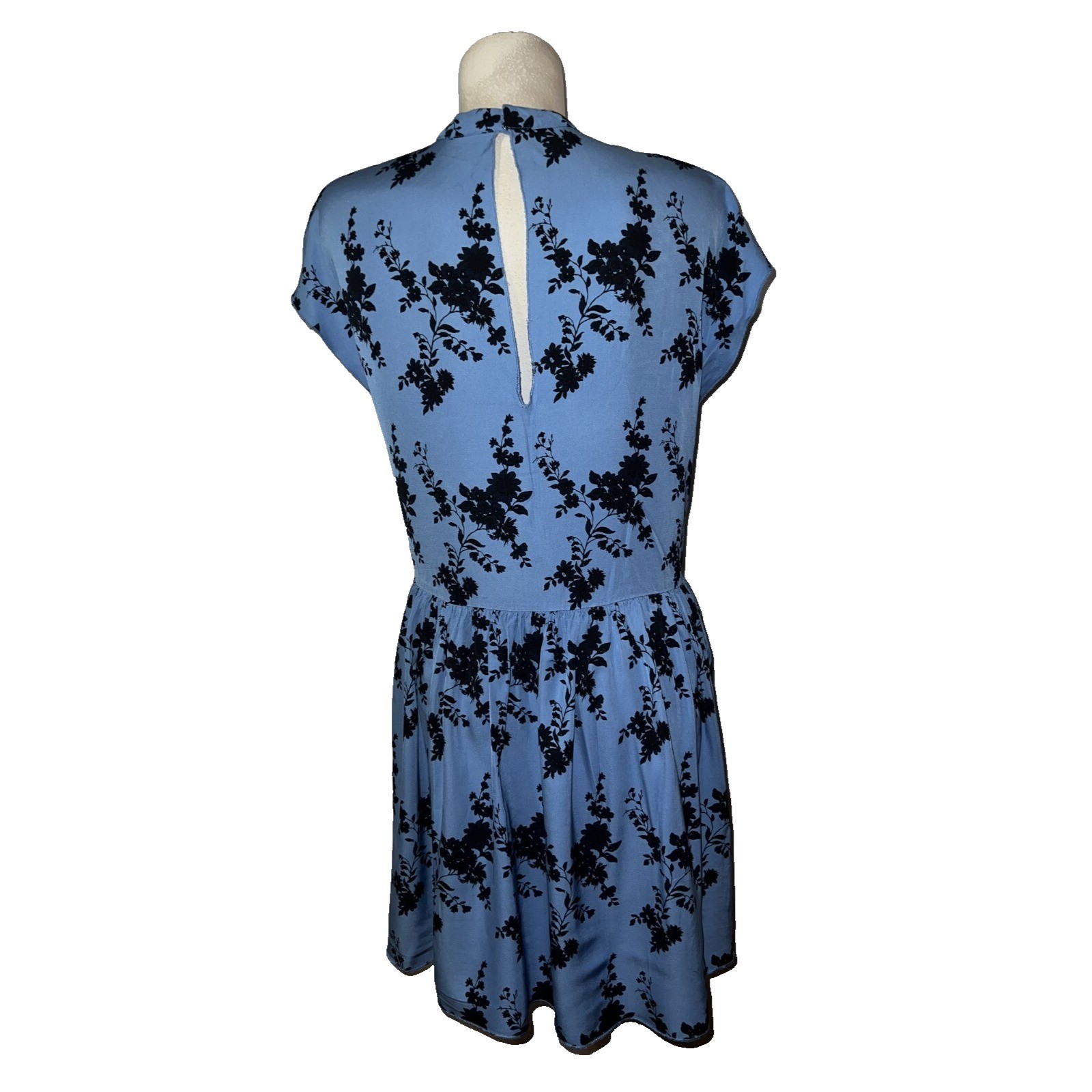 Samsoe Samsoe Blue Floral High Neck Keyhole Back Drop Waist Mini Dress Womens M