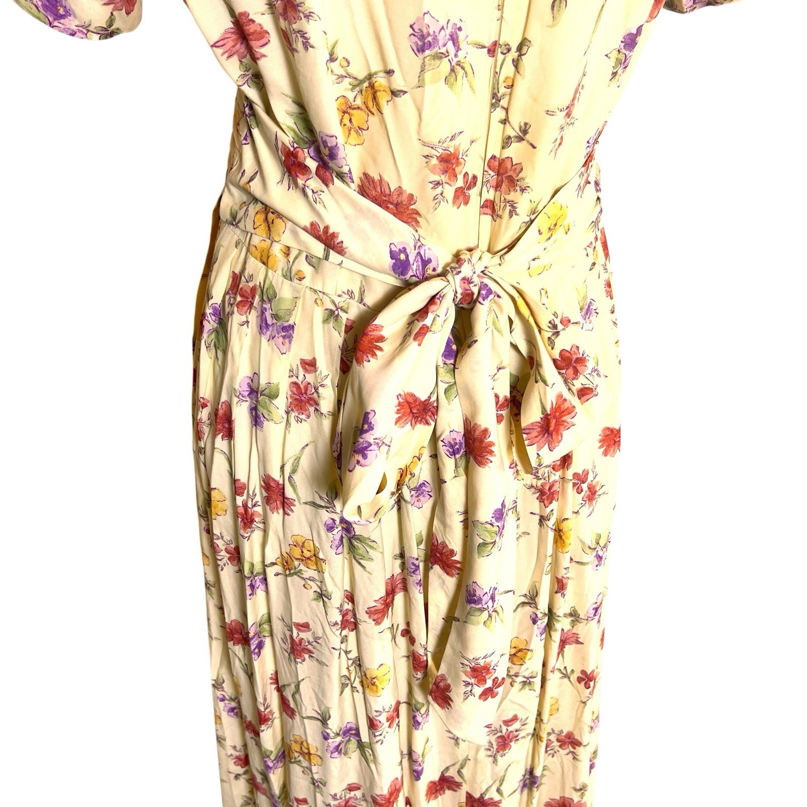 Vtg Karin Stevens 90s Yellow Floral Midi Dress Spring Fit Flare Cottagecore L