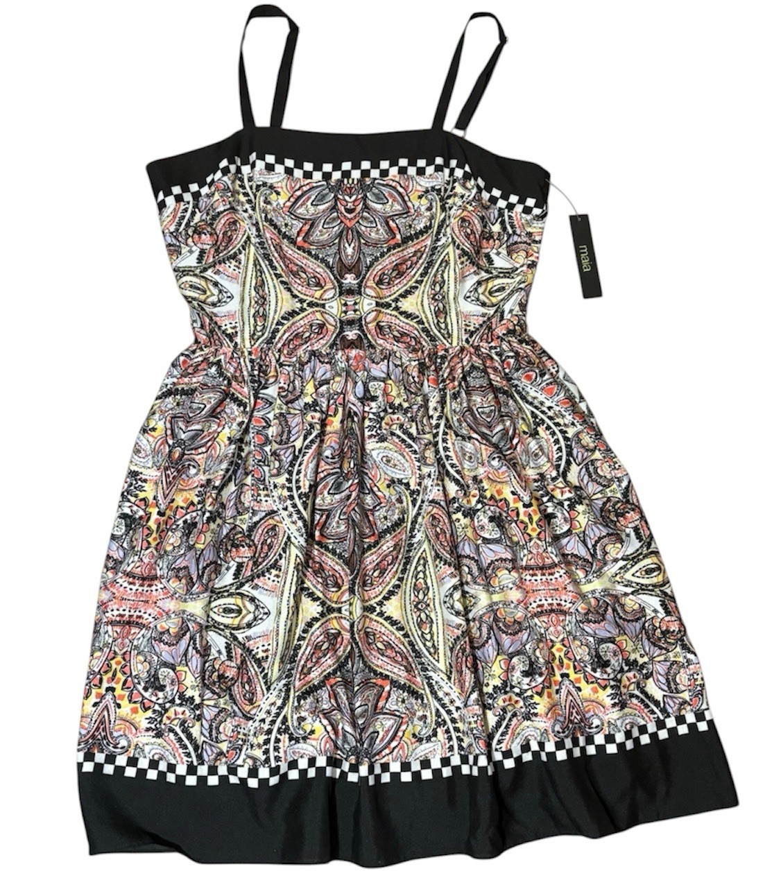NWT Maia Size 10 Strappy Sundress. Black/Orange/Yellow. Empire Waist Above Knee