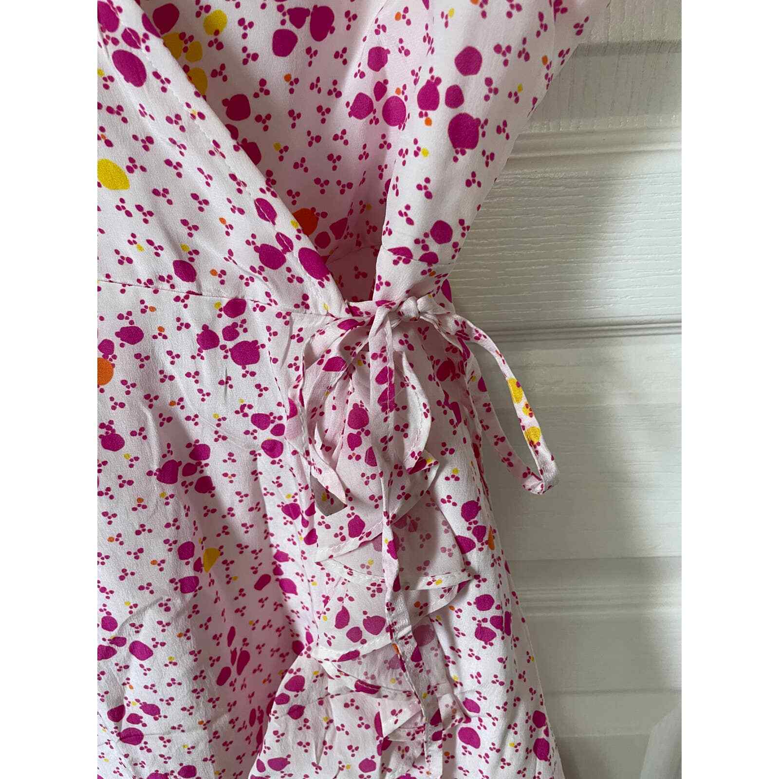 All Things Mochi Dory Mini Wrap Dress Pink Fuchsia Dot Floral Silk Medium