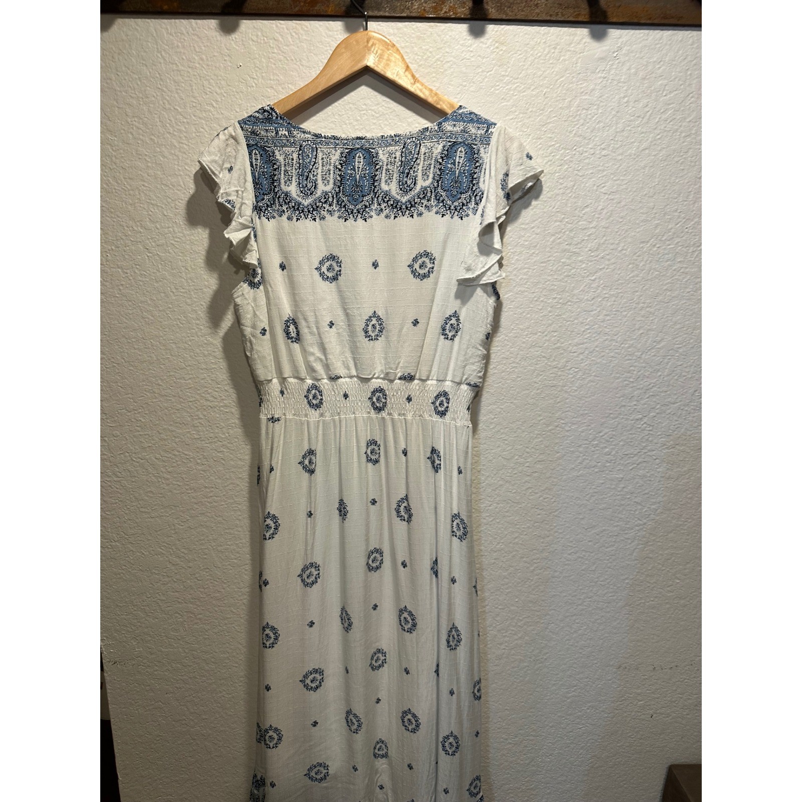 Anthropologie Kindred Blue Paisley High Low Midi Dress Flutter Sleeve Large