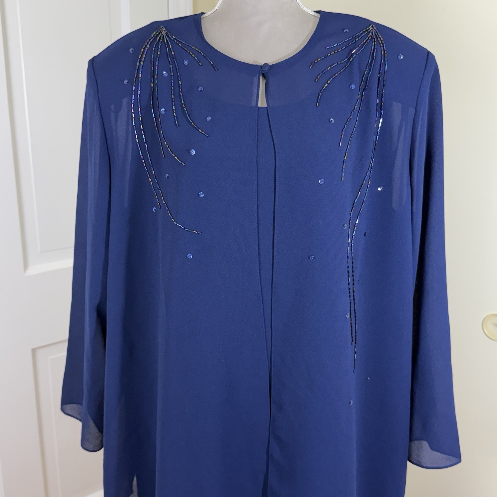 Patra 80s 90s Blue Chiffon Sleeveless Dress Jacket Set 24W Formal Bead Glam USA