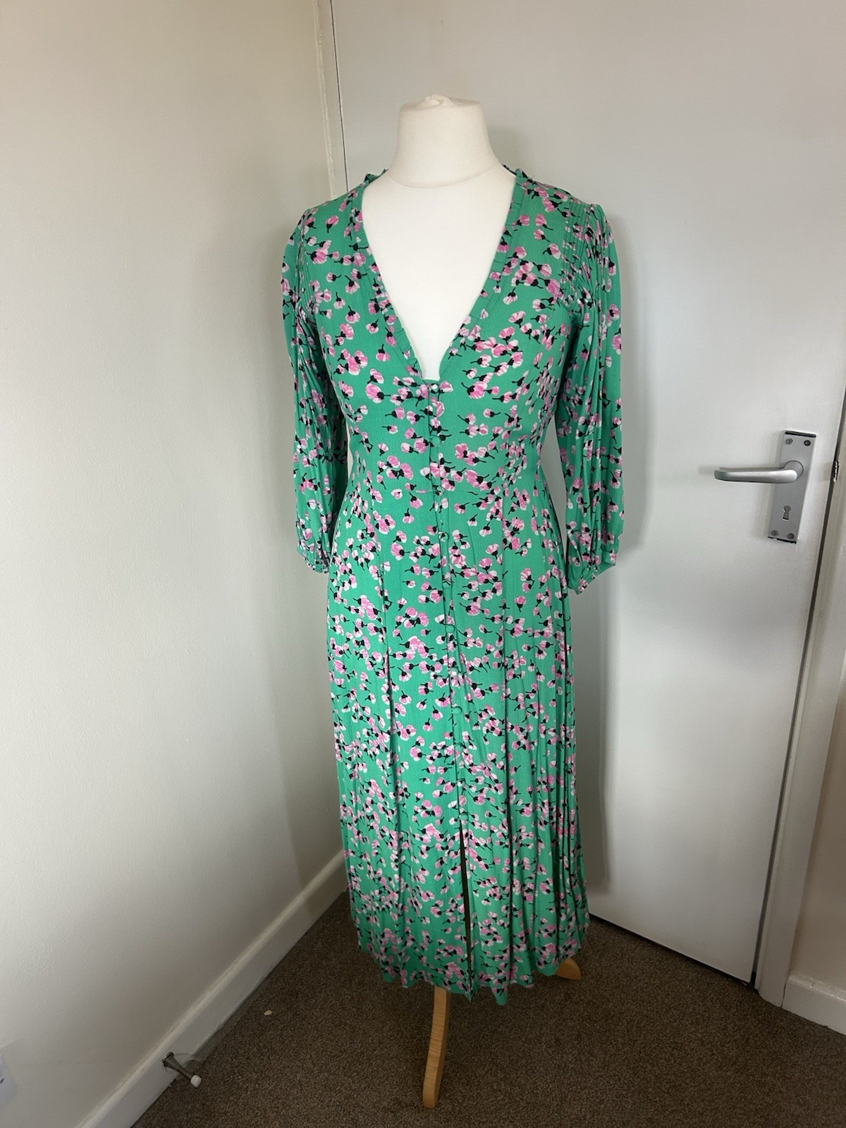 Oliver Bonas Size 6 Dress Vintage Rose Bud Green Midi Dress New With Tags
