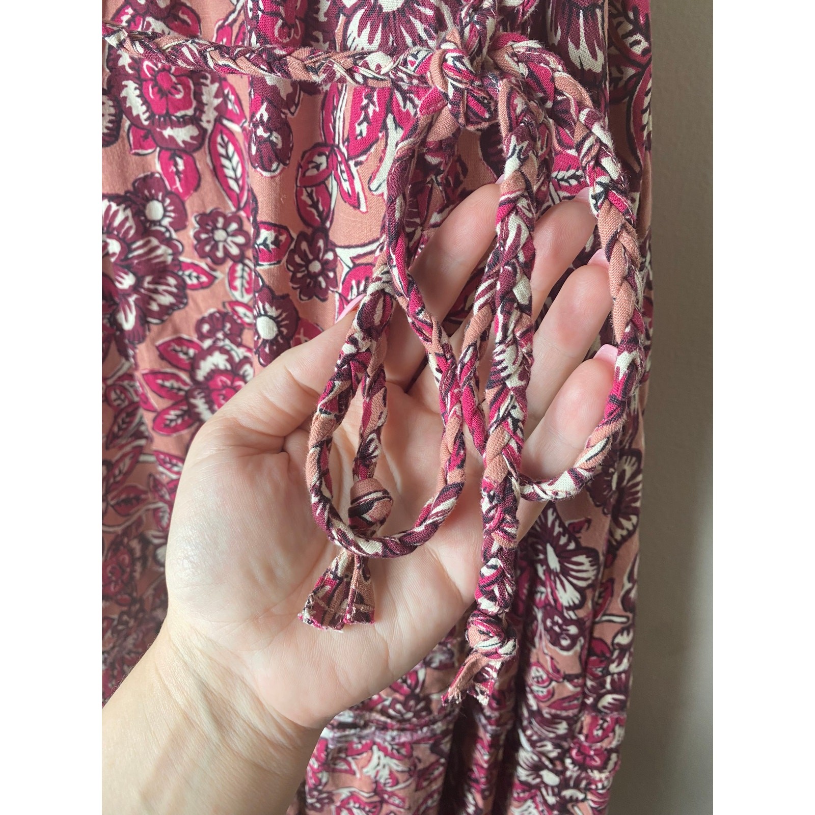 FAHERTY DRESS M ISHA LINEN FLORAL MIDI PINK COTTAGECORE MILKMAID FALL BOHO