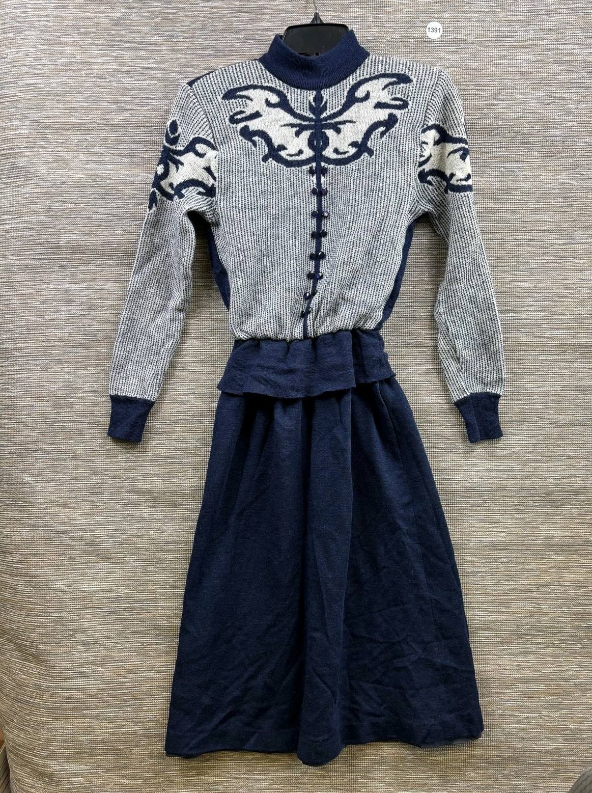 Vintage Ciao Wool Sweater Dress Womens Size 6 Blue Striped Mock Neck Long Sleeve