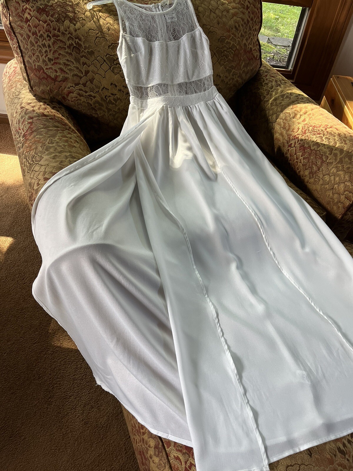 NWT cream eggshell winter white silk blend sheer panels long maxi dress sz S