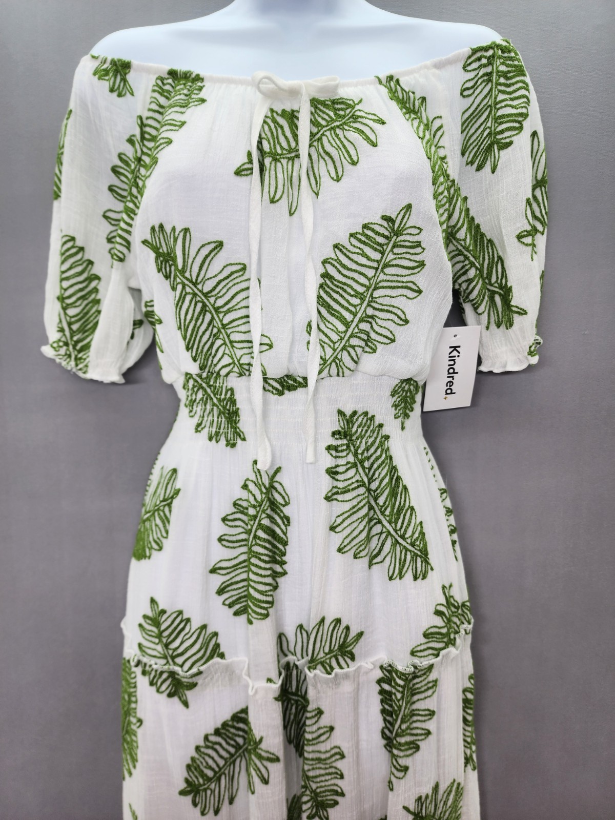 Anthropologie Kindred White S Leaves Embroidered Maxi Dress Boho Smocked Lined