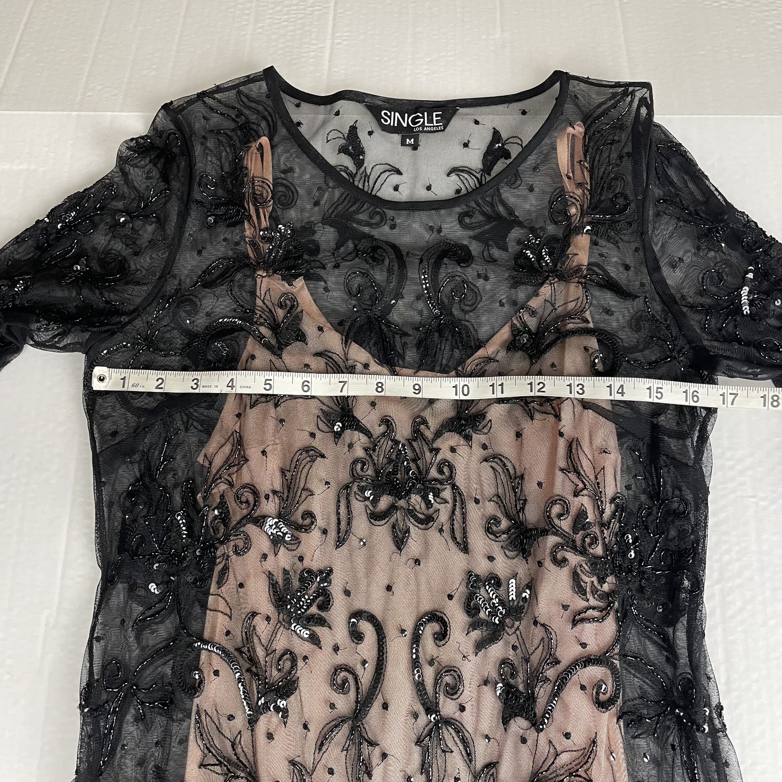 Single LA Black Floral Sequins Long Sleeve Sheer Mini Dress Size M Glam Luxury