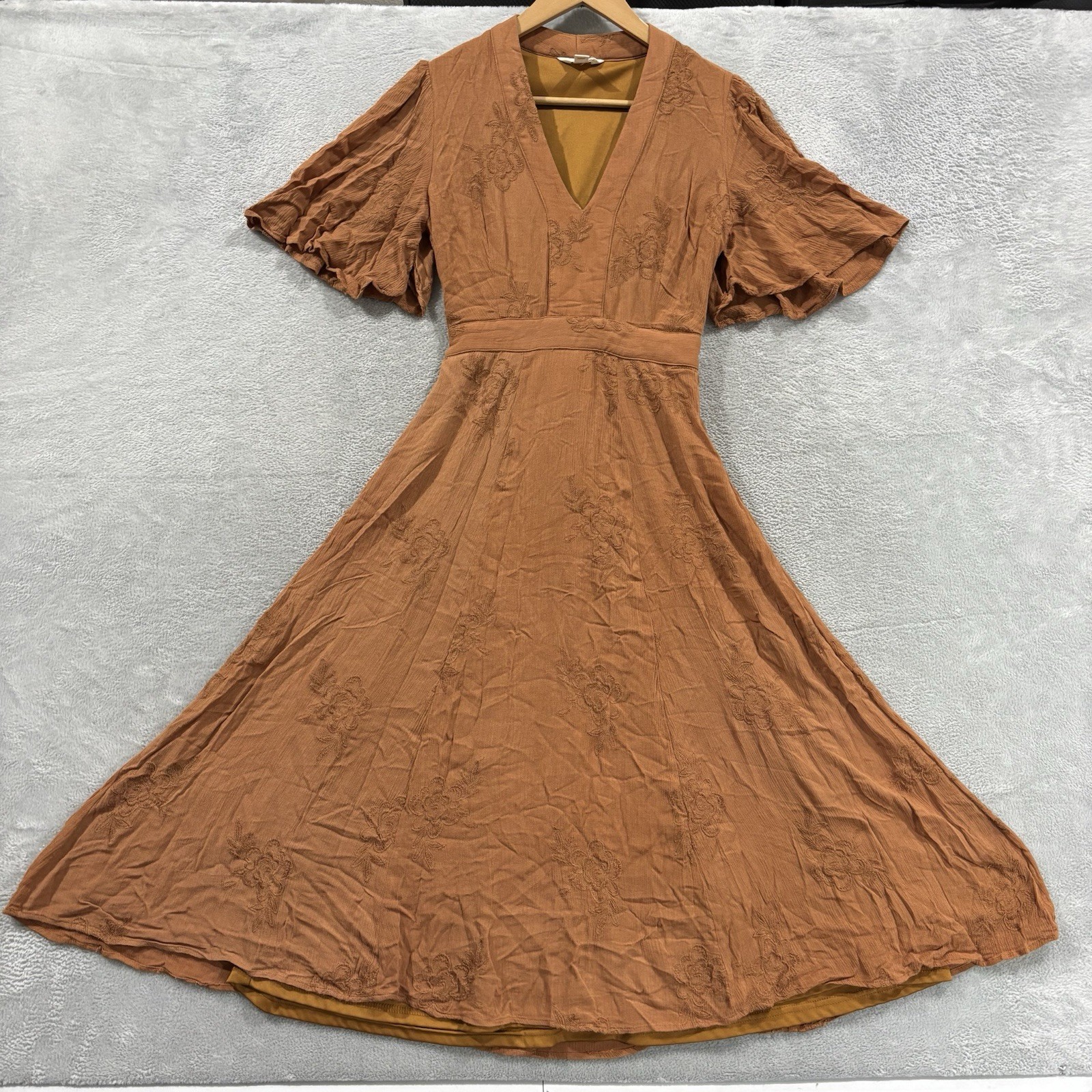 Sun Shadow Maxi Dress S V-Neck Orange Floral Rust Boho Cottagecore Smocked Tiere